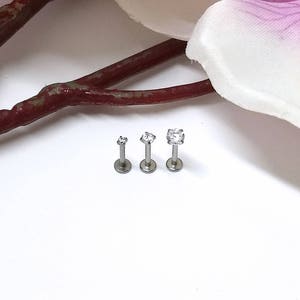 Internally Treaded 2, 3 or 4mm Clear CZ Gem 16G / 1.2mm Thick 8mm 1/4" Wide Cartilage Labret Tragus Stud Silver Steel Triple Forward Helix