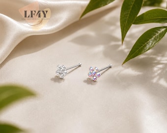 Sterling Silver Flower Nose Stud: Rainbow AB Crystal Pin (0.5mm)