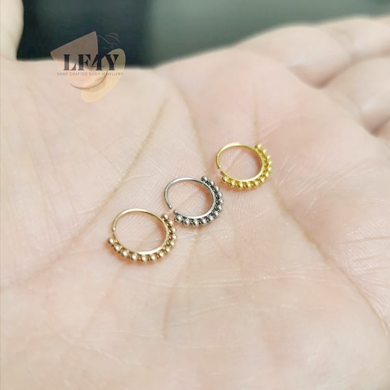 Polished End Beaded Tribal Thin Small Silver Steel Rose Gold Seamless Nose Ring Hoop 5/16" (8mm) Thick 0.8mm (20G) Cartilage, Tragus, Daith