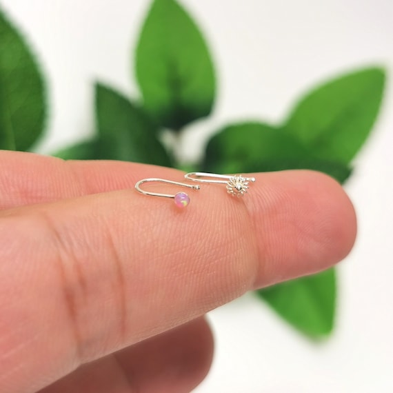 Fake Delicate 22G Very Thin 0.6mm Nose Cuff 925 Sterling Silver, Tiny Flower Nose Cuff, Pink Opel Nose Cuff / Ring For Non Pierced Nose