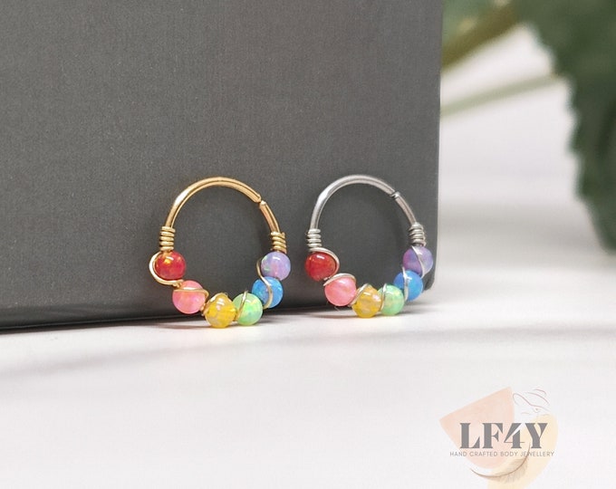 1.5mm Opal Stone 20G Silver Steel Extra Thin Small 0.8mm Nose Ring, 8mm Hoop, Rainbow Nose Ring, Opal Ring Stud Tragus Cartilage Earrings