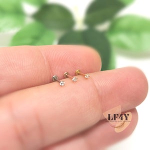 Minuscule poussoir sans filetage délicat de 1,5 mm, avec gemme transparent, argent, or, or rose, labret tragus, clou d'oreille en hélice/conque