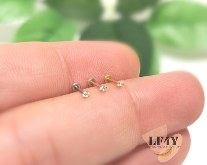 Featured listing image: Tiny CZ  Push In Labret Stud: 20G Steel Tragus, Helix, Cartilage, Threadless Earrings