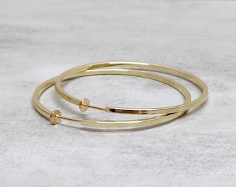 Gold Clip On Hoop Earrings: 60mm Square Pipe, Non Pierced Ears