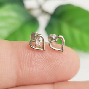 Set Of Flat Back Hollow Heart Gem Tragus Cartilage Earring Helix Stud Bar Steel Silver Gold Rose Gold 16g / 1.2mm Stud Internally Threaded