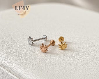 Tiny Maple Leaf Push In Labret: 20G / 0.8mm Steel Tragus, Helix, Cartilage Earring