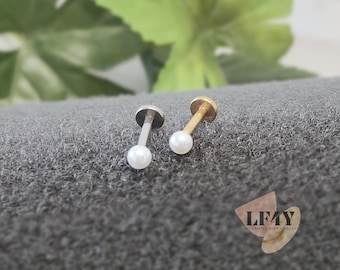 16G White Pearl Flat Back Stud Earring: 316L Steel Helix Piercing