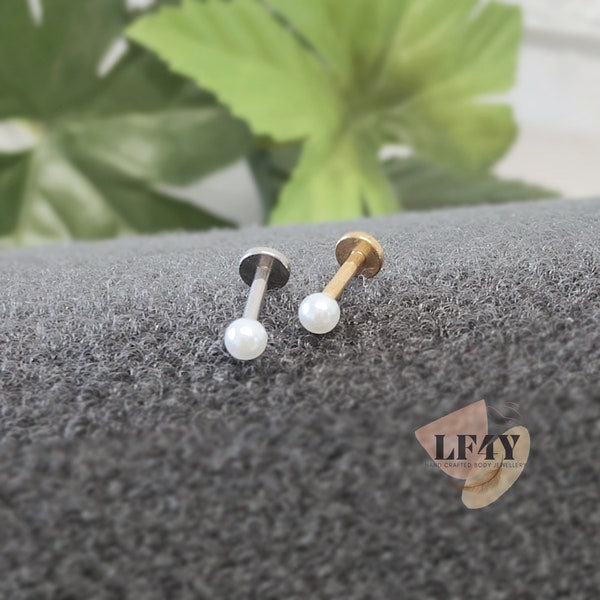 16G White Pearl Silver Flat Backed Stud Triple Helix Earring 6mm 8mm Cartilage Piercing Tragus Studs 316L Steel Externally Threaded