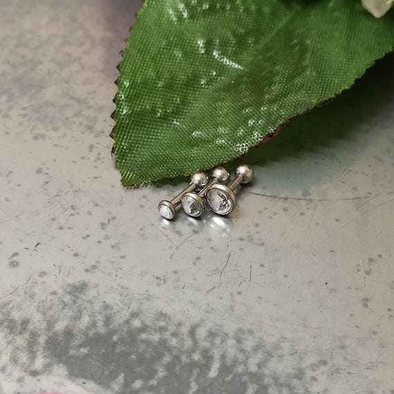 3, 4 or 5mm Gem 16G / 1.2mm Thick 6mm 1/4" Wide Cartilage Labret Tragus Stud Screwed Ball White Gem Silver Steel Triple Forward Helix
