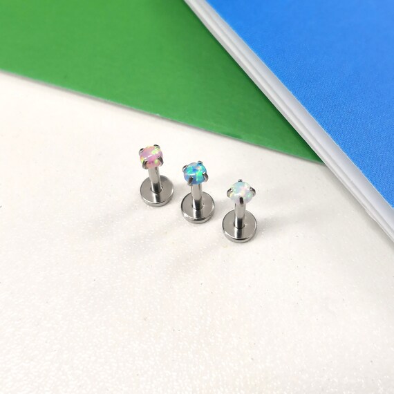 Ocean / White / Pink 2.5mm Opal Stone 1.2mm / 16g Prong Claw Set Internally Threaded Silver / Steel Labret Cartilage Tragus Stud Flat Back