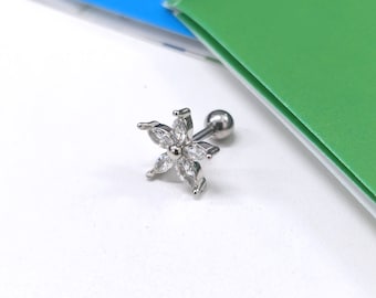 Big Flower Star Silver / Steel 18G / 1mm Thick 6mm 1/4" Bar Length Clear Crystal 11mm Wide Flower Cartilage Labret Tragus Ear Stud Ball End
