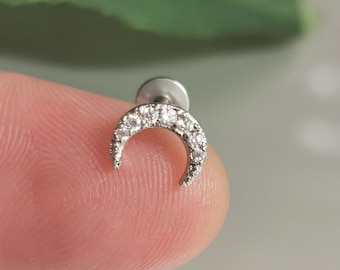 Moon CZ Diamante Tragus Stud: 16g Internally Threaded Steel Cartilage Earring