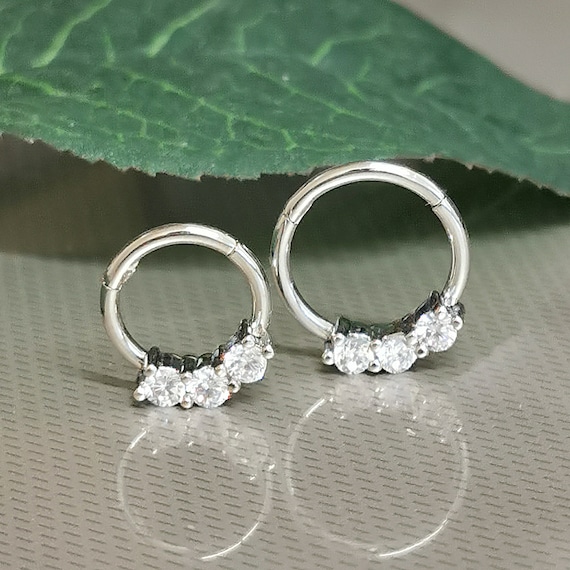 Silver Steel 1.2mm Hinged Clicker With Cubic Zircon Gems 16G 5/16" 8mm 10mm Septum Clicker Nose Daith Ring Segment Ear Cartilage Strong Grip
