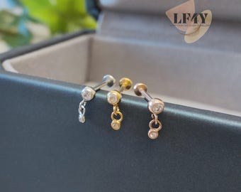 Dangling Gem Push In Labret Stud: 20g Threadless Steel Conch, Cartilgae, Tragus Earring