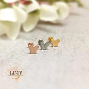 Tiny Butterfly Flat Back 18G / 1mm Thick 6mm Long / Cartilage Stud Labret Tragus Helix Conch Stud Silver Gold Rose Gold Minimalist Earrings