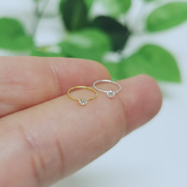 Extra Thin 24G Delicate 0.5mm CZ 2mm Tiny Nose Ring, 925 Sterling Silver Gold 8mm Dia Nose Hoop/Ring , Small CZ Nose Ring, Gold CZ Nose Ring