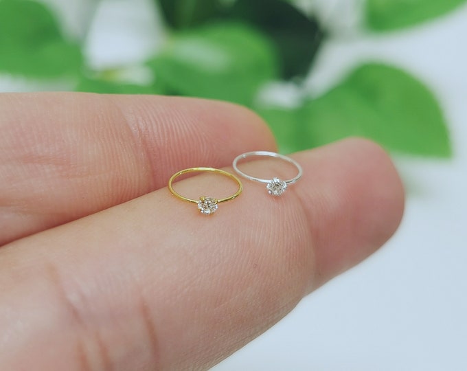 Extra Thin 24G Delicate 0.5mm CZ 2mm Tiny Nose Ring, 925 Sterling Silver Gold 8mm Dia Nose Hoop/Ring , Small CZ Nose Ring, Gold CZ Nose Ring