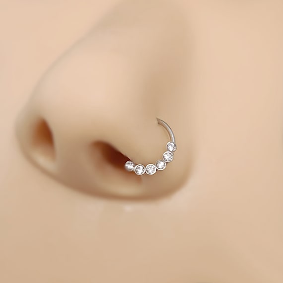Thin Clear Gem Small Tiny Nose Ring / Nose Hoop / Helix Cartilage Ring /  Hoop Steel Silver Gold Septum Ring 20g 0.8mm Huggie Earrings