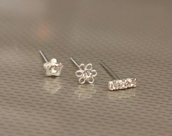 Very Thin 0.6mm Delicate 22g 925 Sterling Silver Daisy Flower, Rose Pin, Trinity 3 Crystal Diamante Nose Pin Stud