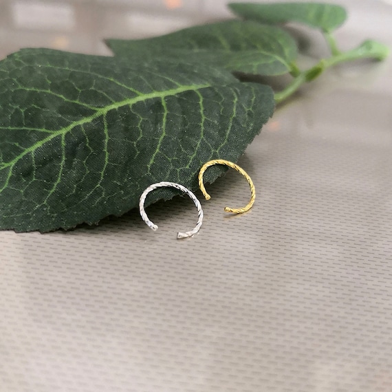 Fake Diamond Cut 0.5mm Tiny Thin Small Clip On Gold Silver 6mm 8mm Polished Ball End Nose Hoop Ring, 925 Silver, No Piercing Needed
