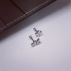 Cute 18g / 1 mm Thick Bar Silver / Steel Screwed 3mm Ball End Rabbit Flower With Diamante Tragus Cartilage Earring Helix Stud Bar