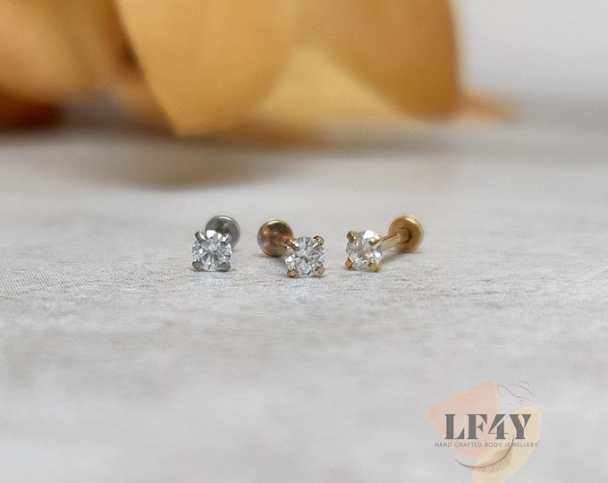 Delicate Thin 20g / 0.8mm Threadless Push In Tiny 2.5mm Clear Gem Steel Silver Gold Rose Gold Labret Tragus Stud Helix / Conch Stud Earring