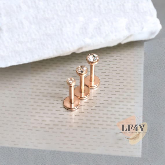 2, 2.5 or 3mm Gem 18G / 1mm Thick 6mm 1/4" Wide Cartilage Labret Tragus Stud Internally Threaded White Gem Rose Gold Triple Forward Helix