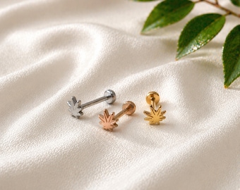Tiny Maple Leaf Push In Labret: 20G / 0.8mm Steel Tragus, Helix, Cartilage Earring