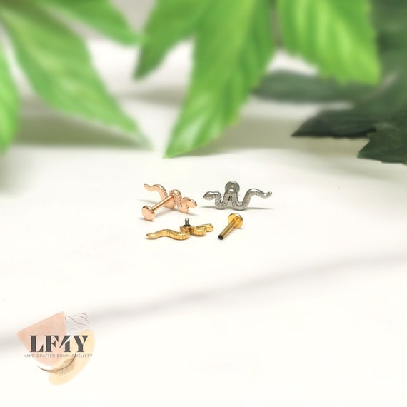18G / 1mm Thick Tiny Snake Cartilage Piercing / Internally Threaded Steel / Gold -  Snake Tragus / Conch Stud / Helix Stud / Snake Earrings