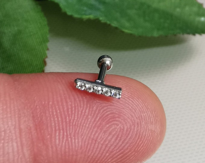 Cute 16g / 1.2 mm Thick Bar Silver Steel / 3mm Ball End / 8mm Long / 5 Diamante In A Row / T Shape / Tragus Cartilage Earring Helix Stud Bar