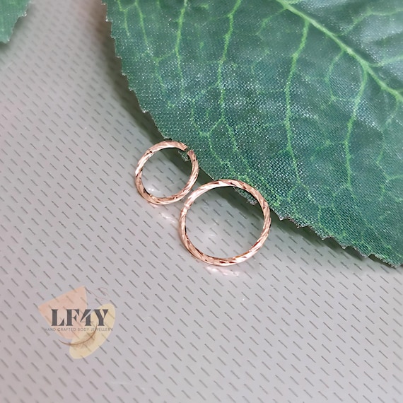 Thin Small Sterling Rose Gold Textured, Twisted, Diamond Cut Cartilage Earring Helix Ring Hoop Tragus Ring Nose Hoop Ring 0.6mm 6mm 8mm