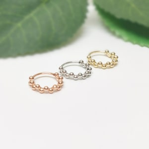 Polished End Beaded Tribal Thin Silver Steel Rose Gold Seamless Nose Ring Hoop 3/8" (9mm) Dia / 1mm (18G) Thick Cartilage, Tragus, Daith