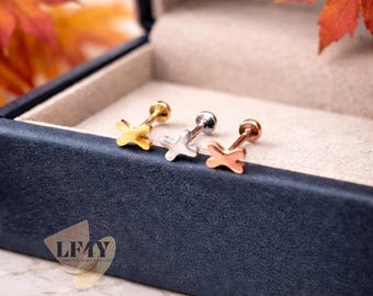 Tiny X Shape Push In Labret Stud: 20G Threadless Steel Helix, Tragus, Cartilage Earrings