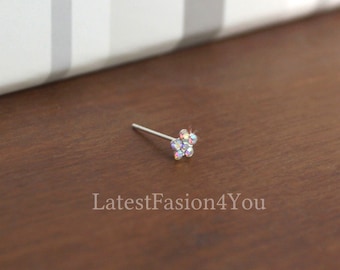 Delicate Thin Silver Nose Stud With Rainbow AB Crystal - Bend To Fit Nose Pin