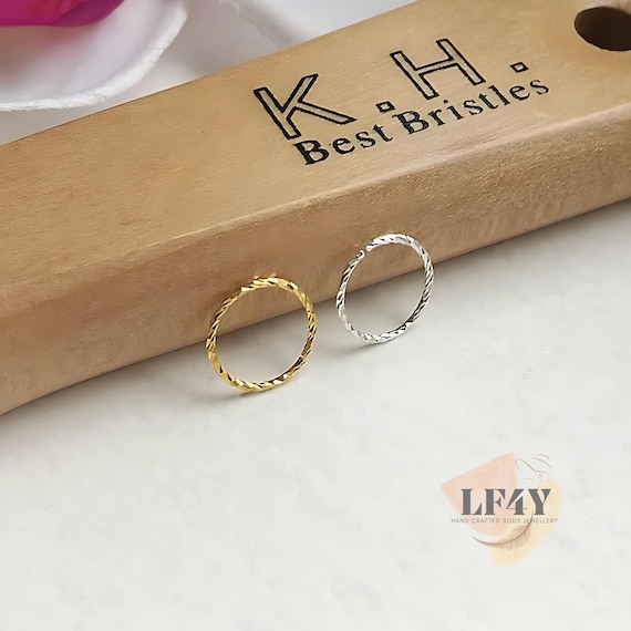 Thin Small Sterling Silver Gold Textured, Twisted, Diamond Cut Cartilage Earring Helix Ring Hoop Tragus Ring Nose Hoop Ring 0.6mm 6mm 8mm