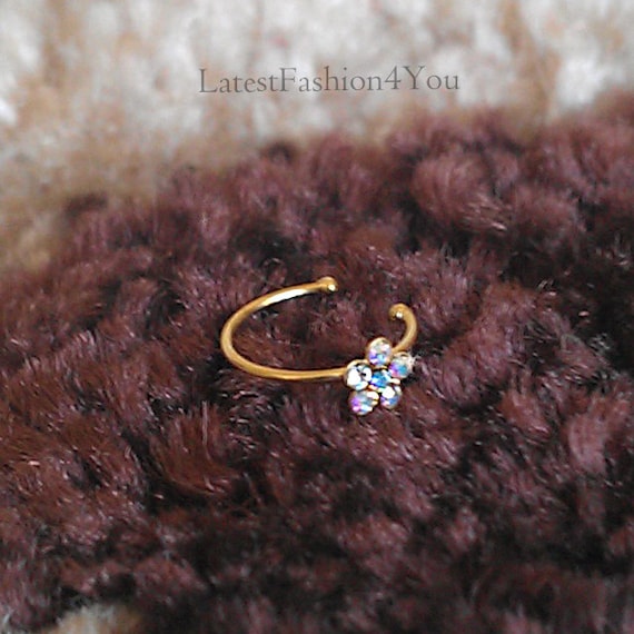 Gold AB Crystal Small Thin Delicate Diamante Flower Petal Nose Hoop Ring Cartilage Stud 925 Sterling Silver