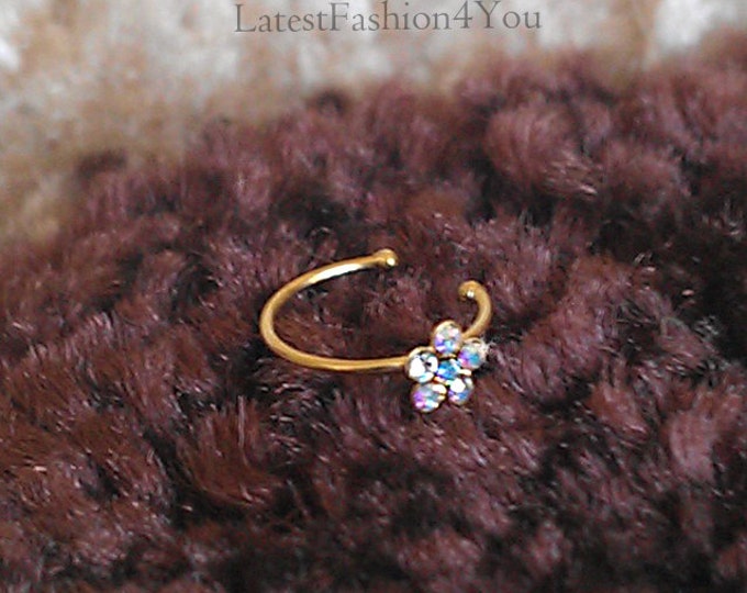 Gold AB Crystal Small Thin Delicate Diamante Flower Petal Nose Hoop Ring Cartilage Stud 925 Sterling Silver