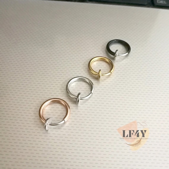 Rose Gold, Black, Silver, Steel, Gold Fake Clip On Spring Loaded Nose Hoop Rings Stud Earrings Lip Ring