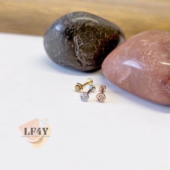 Delicate Hexagonal Tiny 0.8mm / 20G Threadless Push In Tiny 1.5mm Clear Gem Steel Silver Gold Labret Tragus Stud Helix / Conch Stud Earring