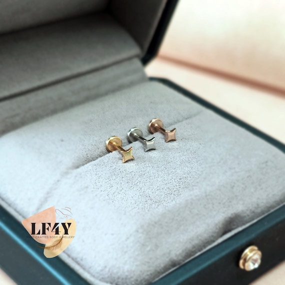 6mm Star 18G / 1mm Thick 6mm 1/4" Wide 18g Internally Threaded Dainty Star Labret Stainless Steel Gold Earring Helix Tragus Cartilage Stud