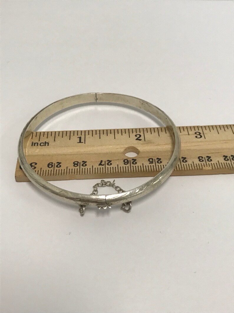 CLEARANCE CLOSEOUT Etched Heart Accent Zig Zag Dainty Vintage Sterling Silver Etched Design Bangle Bracelet Zig Zag Border