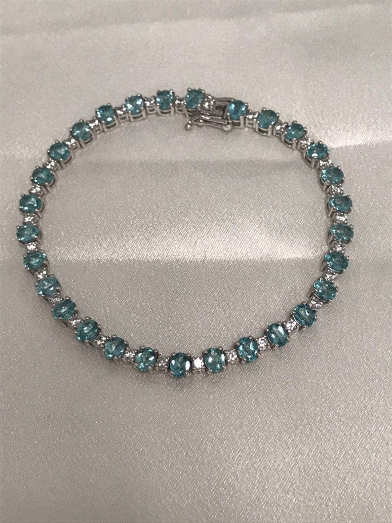 CLEARANCE CLOSEOUT Round Blue Topaz /& Man Made Diamond Tennis Bracelet Statement December Birthstone Push Present