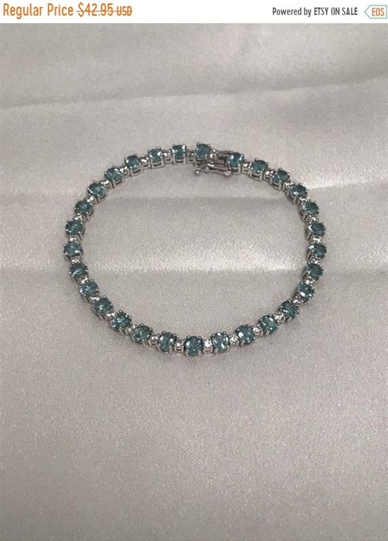 CLEARANCE CLOSEOUT Round Blue Topaz /& Man Made Diamond Tennis Bracelet Statement December Birthstone Push Present