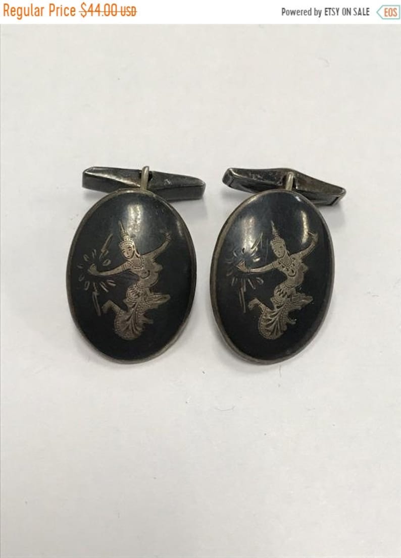 CHRISTMASINJULY Sterling Silver and Black Dancing Woman Siamese Made in Siam Men/'s Cufflinks Vintage Antique