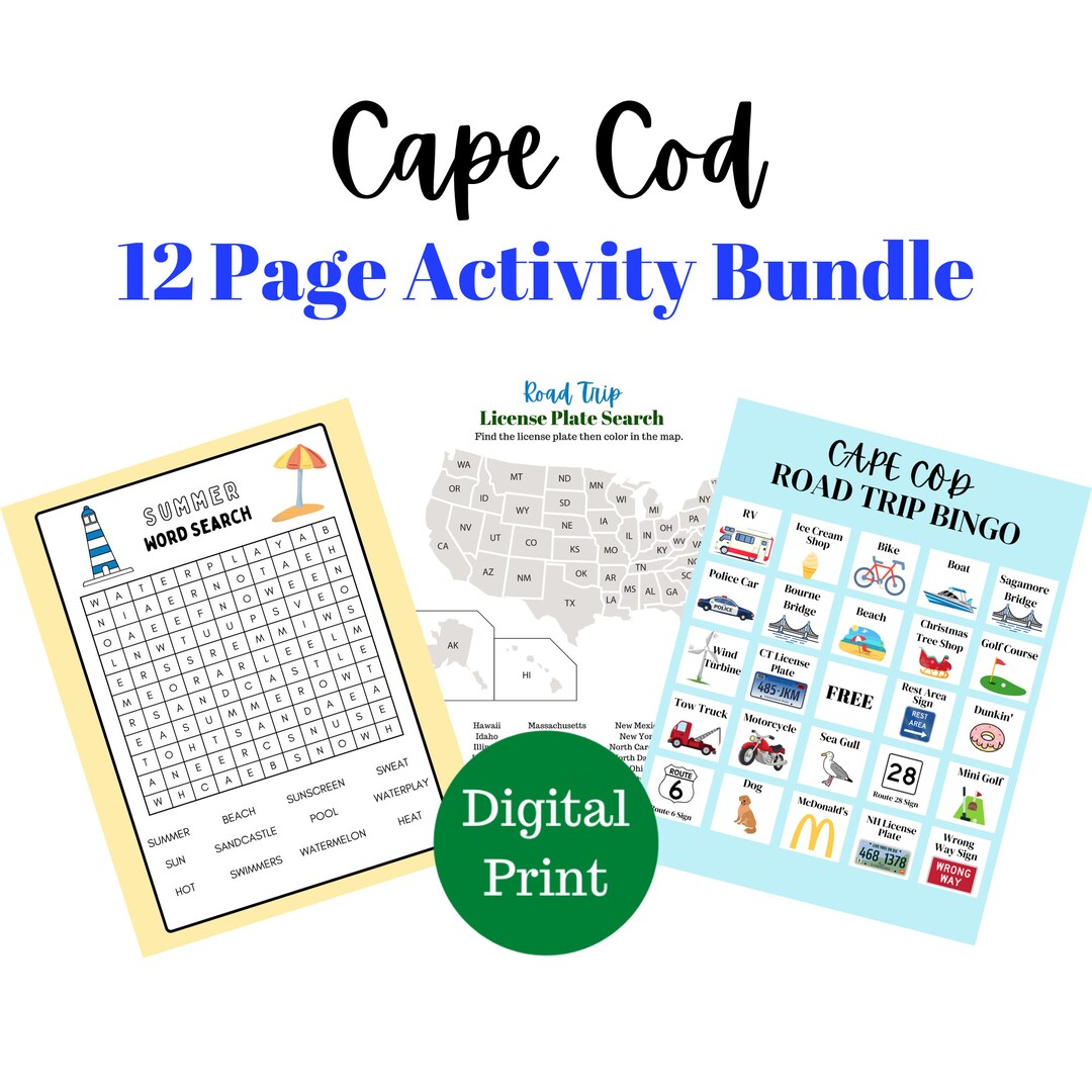 Cape Cod Activity Bundle, Cape Cod Road Trip Bingo, Word Search and