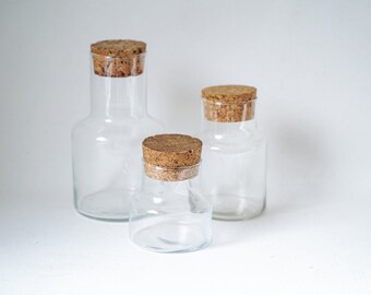 3 glass jars with cork stoppers - kitchen containers - Vintage storage - Cork