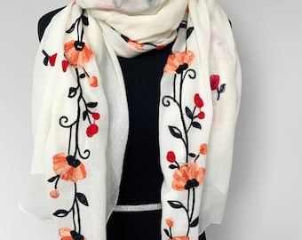 Floral Embroidered Cotton Scarf: Indian Boho Chic Shawl