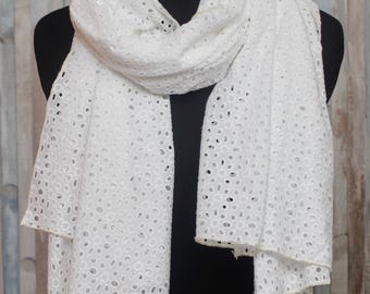 Chikankari embroidered cotton fabric with eyelet and threadwork designs