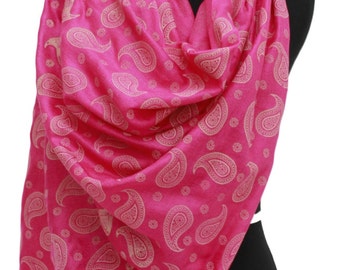 Pink Paisley Silk Scarf – Warm Pashmina Shawl – Winter Wrap – Holiday & Christmas Gift