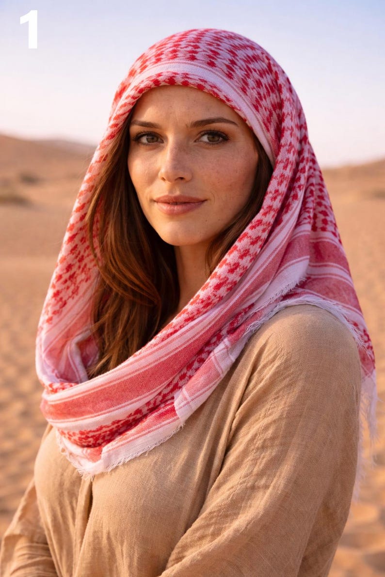 May include: A woman wearing a red and white checkered keffiyeh headscarf and a tan-colored garment. The headscarf is draped over the head and shoulders. The background is a desert landscape.